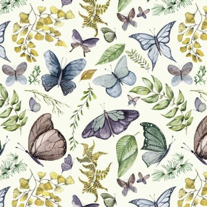 Butterfly Fabric by the Yard. Butterflies, Watercolor, Nature, Spring, Greenery, Insects. Quilting Cotton, Organic Knit, Jersey or Minky.