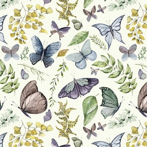 Butterfly Fabric by the Yard. Butterflies, Watercolor, Nature, Spring, Greenery, Insects. Quilting Cotton, Organic Knit, Jersey or Minky.