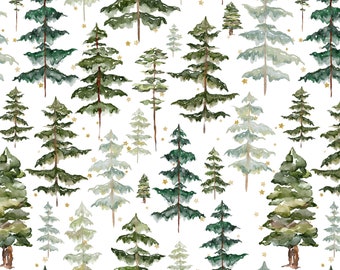 May include: A seamless pattern featuring watercolour illustrations of green pine trees and gold stars on a white background.
