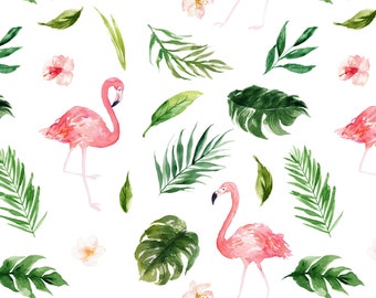 Tropical Flamingo Fabric by the Yard. Quilting Cotton, Interlock Knit, Jersey, Minky. Summer Fabric, Beach, Ocean, Flamingos, Bird Fabric