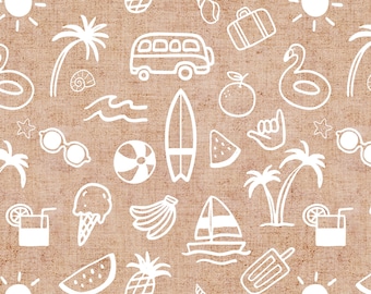 Summer Vibes Fabric by the Yard. Quilting Cotton, Organic Knit, Jersey or Minky. Beach, Ice Cream, Bus, Camping, Surfing, Boats, Baby, Kids
