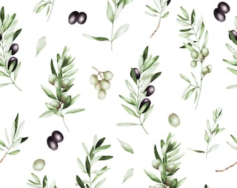 Olive Watercolor Fabric by the Yard. Quilting Cotton, Knit, Jersey, Minky. Food, Fruit, Olives, Italy, Italian, Trees, Plant, Greece, Greek
