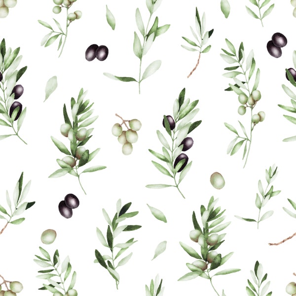 Olive Watercolor Fabric by the Yard. Quilting Cotton, Knit, Jersey, Minky. Food, Fruit, Olives, Italy, Italian, Trees, Plant, Greece, Greek