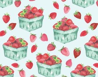 Strawberry Picking Fabric by the Yard. Quilt Cotton, Sateen, Poplin, Organic Knit, Home Decor. Watercolor Strawberries Fruit Summer Picnic