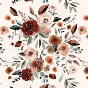 Dusty Fall Floral Fabric by the Yard. Watercolor Florals, Burgundy, Autumn, Fall Fabric, Botanical. Quilt Cotton, Knit, Jersey or Minky