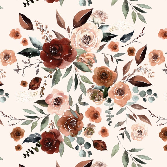 Dusty Fall Floral Fabric by the Yard. Watercolor Florals, Burgundy