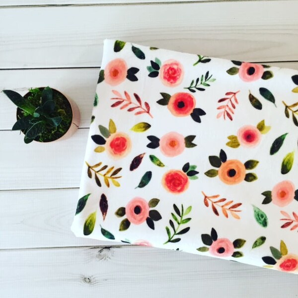 Spring Florals Fabric by the Yard. Quilting Cotton, Organic Knit, Jersey or Minky. Nursery Children's Fabric Colorful Flower Blush Coral