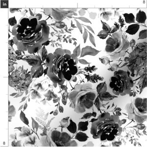 May include: Black and white watercolor floral pattern featuring roses and leaves. The pattern is on a white background.