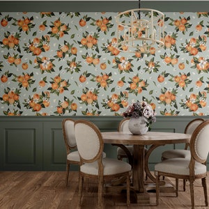 Orange Blossoms Wallpaper - Citrus Fruit and Botanical Flowers Sage - Peel and Stick Removable Wallpaper