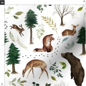 May include: A white background with a repeating pattern of woodland animals and foliage. The animals include a fox, a bear, a deer, and a rabbit. The foliage is green and brown and includes leaves, branches, and vines.