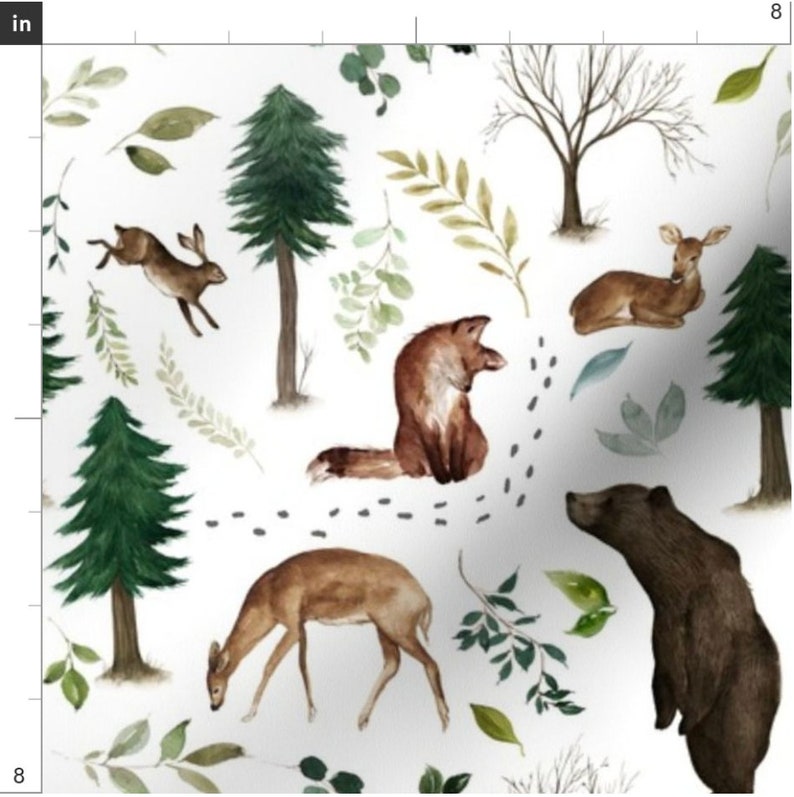 May include: A white background with a repeating pattern of woodland animals and foliage. The animals include a fox, a bear, a deer, and a rabbit. The foliage is green and brown and includes leaves, branches, and vines.