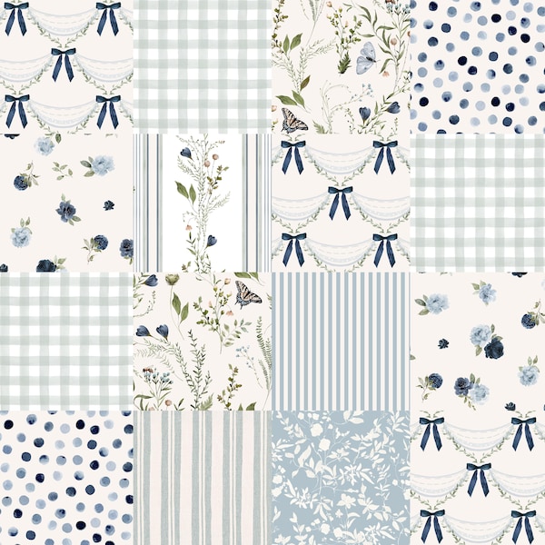 Heritage Floral Cheater Quilt Fabric by the Yard. Cottage Flowers, Bows and Stripes, Dainty. Quilting Cotton, Sateen, Minky, Fleece.