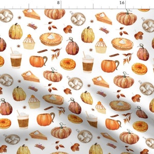 May include: Watercolor pattern with pumpkins, pie, donuts, cupcakes, coffee, and mugs of hot chocolate with marshmallows. Autumnal design with fall leaves and cinnamon sticks on a white background.