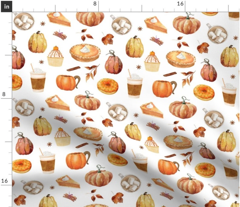 May include: Watercolor pattern with pumpkins, pie, donuts, cupcakes, coffee, and mugs of hot chocolate with marshmallows. Autumnal design with fall leaves and cinnamon sticks on a white background.