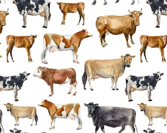May include: A watercolor illustration featuring a seamless pattern of cows in various poses and colors. The cows are depicted in a realistic style with brown, black, and white markings. The background is white.