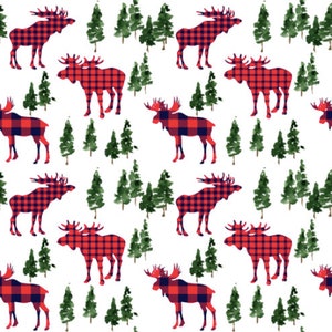 Moose Fabric - Woodland Moose in Plaid and Forest Trees, Winter - Cotton, Poplin, Sateen, Minky, Fleece, Organic Knit Fabric by the Yard