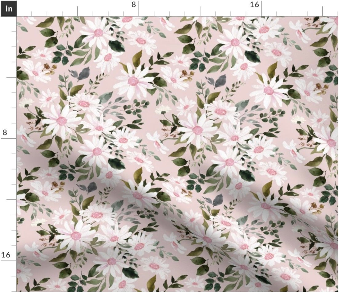 Pink Daisy Fabric - Watercolor Floral Daisies, Blush Flowers, Botanical ...