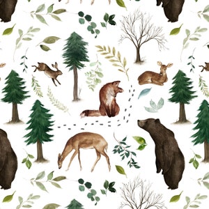 Woodland Animals Fabric by the Yard. Quilting Cotton, Organic Knit, Jersey or Minky. Woodland Fabric, Forest, Winter, Bear, Fox, Nursery