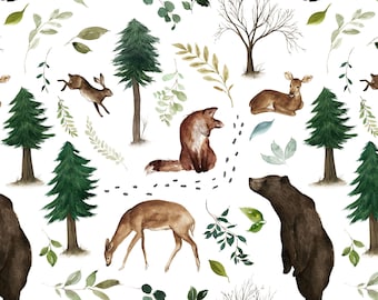 Woodland Animals Fabric by the Yard. Quilting Cotton, Organic Knit, Jersey or Minky. Woodland Fabric, Forest, Winter, Bear, Fox, Nursery