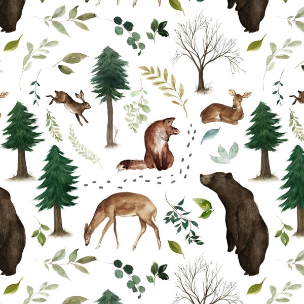 Woodland Animals Fabric by the Yard. Quilting Cotton, Organic Knit, Jersey or Minky. Woodland Fabric, Forest, Winter, Bear, Fox, Nursery