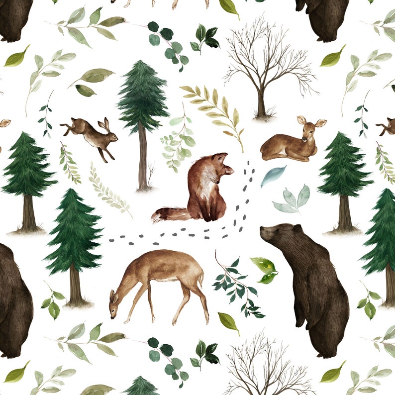 May include: A seamless pattern featuring watercolor illustrations of woodland animals, including a fox, deer, rabbit, and bears. The pattern also includes trees, leaves, and branches, all in shades of green, brown, and white.
