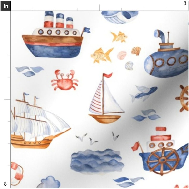 May include: A seamless pattern featuring watercolor illustrations of nautical objects, including a red crab, a sailboat, a ship, a submarine, a life preserver, and fish. The background is white.