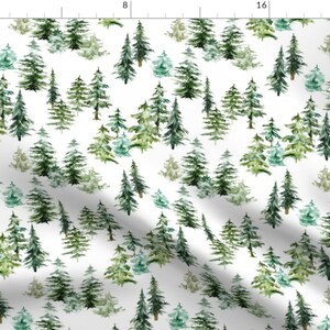 May include: A seamless pattern featuring watercolour illustrations of green and blue pine trees on a white background. The trees are arranged in a random pattern, creating a woodland feel.