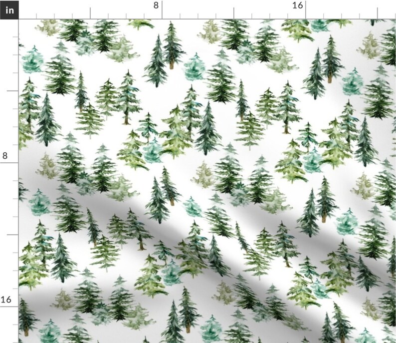 May include: A seamless pattern featuring watercolour illustrations of green and blue pine trees on a white background. The trees are arranged in a random pattern, creating a woodland feel.