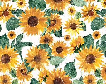 Sunflower Fabric - Watercolor Sunflowers and Leaves Boho Summer - Fabric by the Yard and Fat Quarter