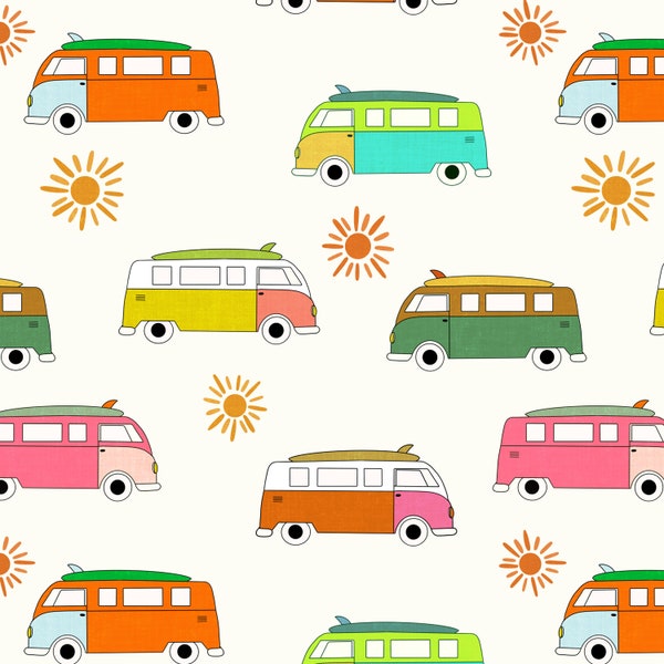 Camper Bus Fabric - Retro Van, Surfing Beach, Vintage - Quilting Cotton, Sateen, Minky, Home Decor Fabric by the Yard