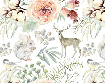 Whimsical Woodland Fabric by the Yard. Quilting Cotton, Poplin, Organic Cotton Knit, Jersey or Minky. Watercolor Forest Animals and Flora