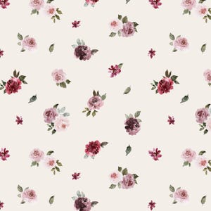 Louise Ditsy Florals Fabric by the Yard. Quilting Cotton, Sateen, Minky, Upholstery. Watercolor Floral, Burgundy and Blush, Girl Nursery