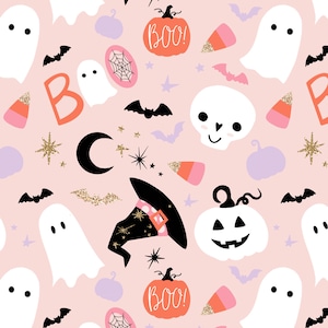 Spooky Cute Halloween Fabric by the Yard. Pumpkins, Autumn, Fall Fabric, Baby, Ghost, Bat, Blush, Skull. Quilt Cotton, Knit, Jersey or Minky