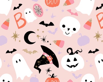 Spooky Cute Halloween Fabric by the Yard. Pumpkins, Autumn, Fall Fabric, Baby, Ghost, Bat, Blush, Skull. Quilt Cotton, Knit, Jersey or Minky