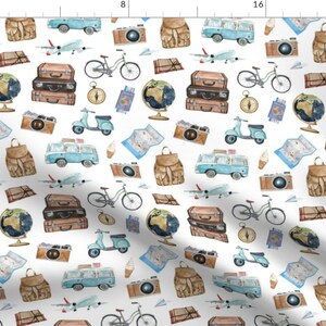 Travel Adventures Fabric by the Yard. Summer Fabric, Road Trip, Airplane. Quilting Cotton, Poplin, Organic Knit, Minky, Home Decor. afbeelding 3