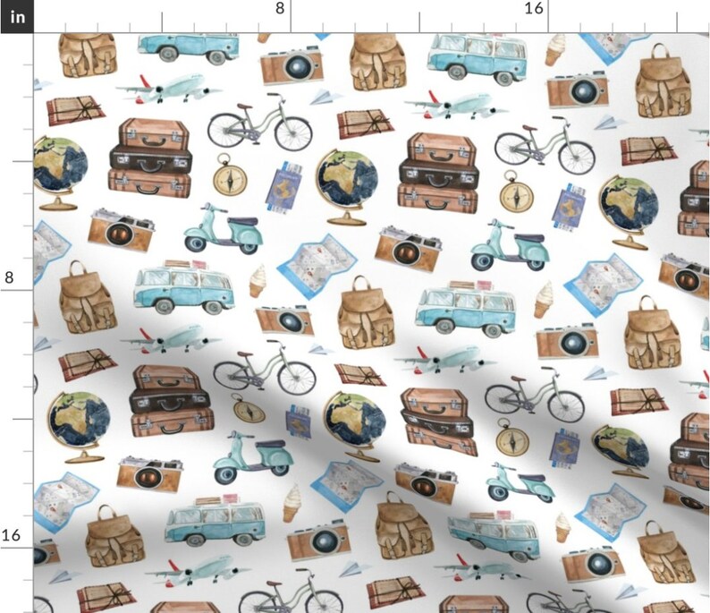 Travel Adventures Fabric by the Yard. Summer Fabric, Road Trip, Airplane. Quilting Cotton, Poplin, Organic Knit, Minky, Home Decor. afbeelding 3