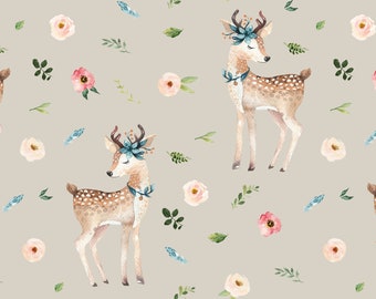 Floral Deer Fabric - Woodland, Forest, Baby Girl Nursery - Quilting Cotton, Minky, Fleece, Organic Knit, Home Decor Fabric by the Yard