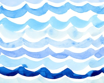 Watercolor Waves Fabric - Coastal Blue Ocean, Beach, Summer - Quilting Cotton, Sateen, Knit, Jersey, Home Decor Fabric by the Yard