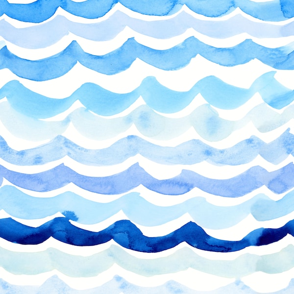 Watercolor Waves Fabric - Coastal Blue Ocean, Beach, Summer - Quilting Cotton, Sateen, Knit, Jersey, Home Decor Fabric by the Yard