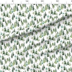 May include: A seamless pattern featuring a repeating design of watercolour green and blue pine trees on a white background.