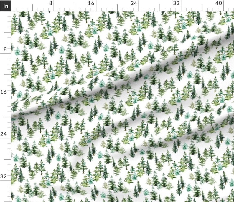 May include: A seamless pattern featuring a repeating design of watercolour green and blue pine trees on a white background.