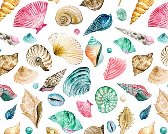 Coastal Sea Shells Fabric - Quilting Cotton, Sateen, Poplin, Organic Knit, Minky, Home Decor Fabric by the Yard. Beach, Summer, Ocean