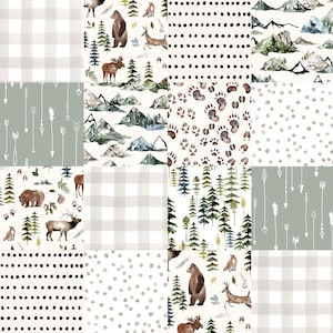 May include: A digital collage of 10 different patterns featuring woodland animals, trees, and geometric designs. The patterns include a brown bear, a moose, a deer, a fox, arrows, paw prints, and a checkered pattern.