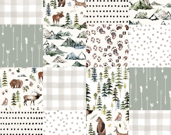 Woodland Cheater Quilt Fabric by the Yard. Forest Animals, Mountains, Trees, Woods, Quilting Cotton, Sateen, Minky, Fleece.