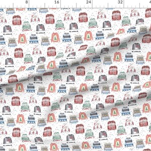 May include: White fabric with a repeating pattern of watercolor-style Christmas sweaters. The sweaters are in various colors, including red, green, blue, and gray, with festive designs like Christmas trees and snowflakes. Small black dots are scattered across the background.