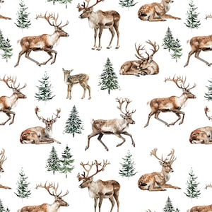 Watercolor Reindeer Fabric by the Yard. Quilting Cotton, Sateen, Knit, Fleece, Home Decor. Santa, Children&#39;s Fabric, Christmas Fabric