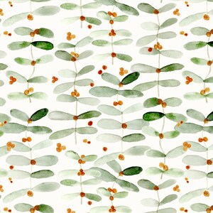Mistletoe Fabric - Watercolor Christmas Floral, Xmas, Holidays - Quilting Cotton, Sateen, Minky, Fleece, Home Decor Fabric by the Yard