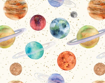 May include: Watercolor illustration of a solar system with planets of different colors and sizes, including a red planet, a blue planet, a green planet, a yellow planet, and a brown planet. The planets are surrounded by a white background with gold stars.