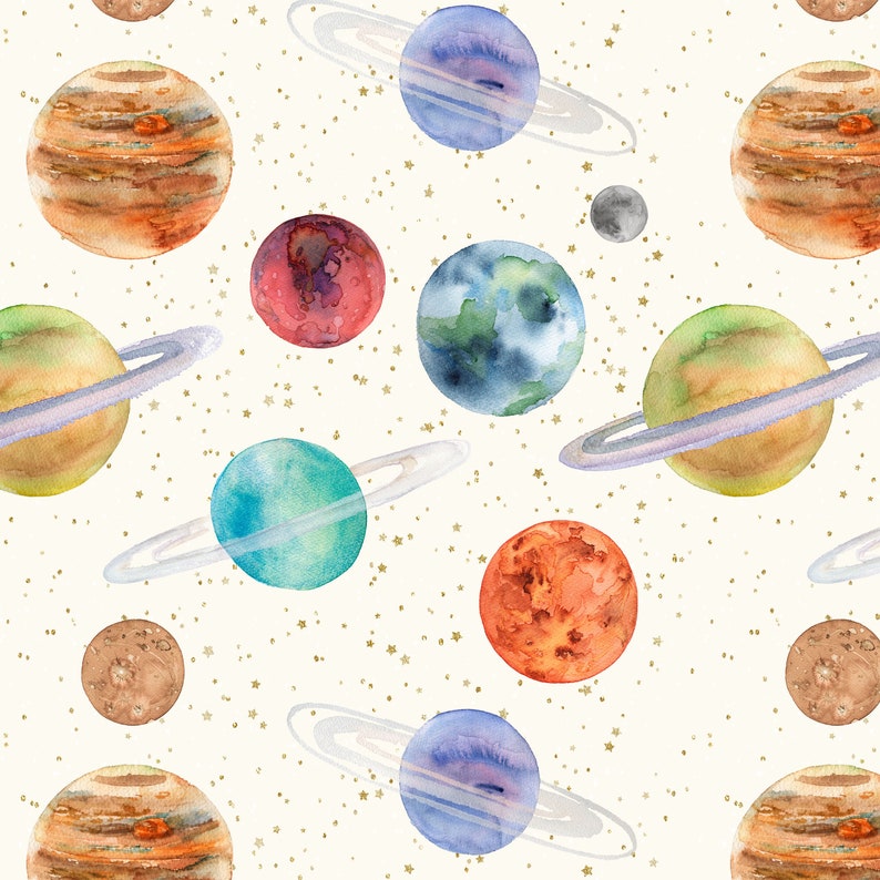 Planet Fabric by the Yard. Quilting Cotton, Poplin, Organic Knit, Jersey or Minky. Watercolor Planets, Space, Outer Space, Earth, Galaxy Sky bild 1