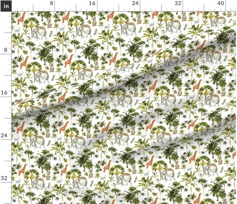 May include: White fabric with a repeating pattern of watercolor-style jungle animals and foliage. Giraffes, elephants, and monkeys are interspersed with palm trees and other greenery. The design has a whimsical, hand-painted aesthetic.